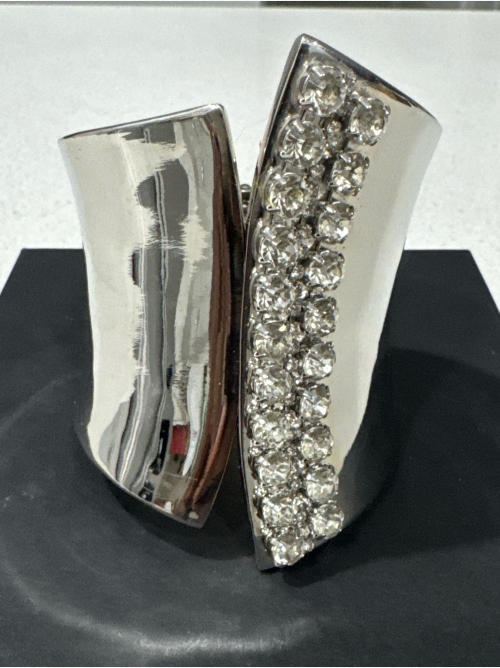Bebe Silver Tone Rhinestone Hinged Cuff Brace let Statement Glam Bracelet